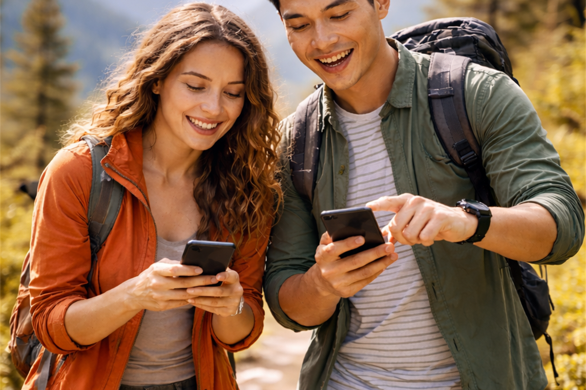 Two travelers exploring outdoors with their phones